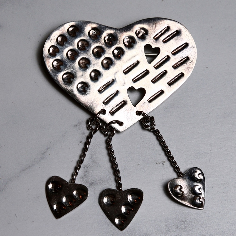 Taxco Mexico Sterling Silver Heart Brooch with Dangles TA-91